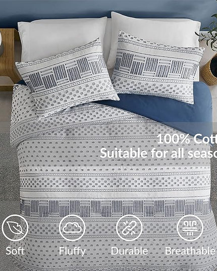 Hyde Lane Modern Navy Bedding, Blue Full/Queen Farmhouse Comforter Set, Cotton Top with Boho Style Clipped Jacquard Stripes, 3-Pieces Including Matching Pillow Shams (90 x 90 Inches)
