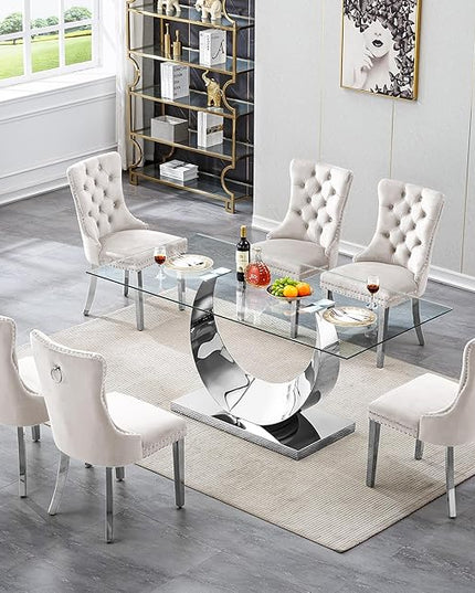 7 Piece Dining Table Set, Modern Glass Dining Table Set for 6, 70" Luxury Glass Table w/Silver Stainless Steel Base & 6 Beige Tufted Chairs, Kitchen Dining Room Sets for 6 for Breakfast Dinner Dinette