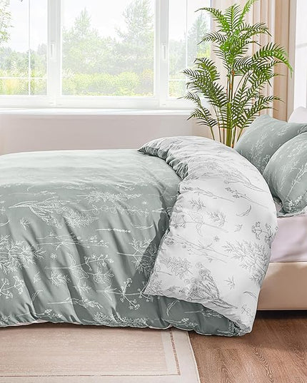 Love's cabin Grey Full Size Comforter Set - Full Comforter Set, 3 Pieces Cute Floral Bedding Sets for All Seasons,1 Soft Reversible Botanical Flowers Comforter and 2 Pillow Shams