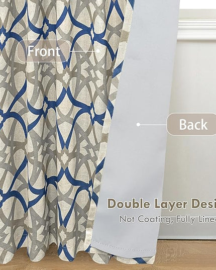 DriftAway Alexander Blackout Curtains for Living Room Linen Blend Pattern Match Thermal Insulated Room Darkening Geo Moroccan Mid Century Back Tab Bedroom Drapes 2 Panels 52 x 63 Inch Linen Navy