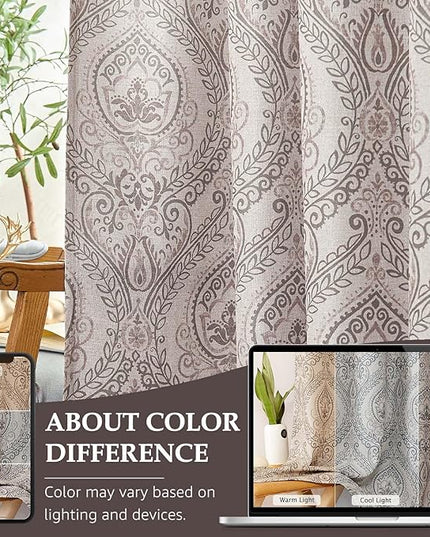 jinchan Linen Textured Curtains for Living Room Darkening 63 Inch Length, Medallion Drapes for Bedroom, Damask Pattern Window Treatments Vintage Curtain Panels, 2 Panels Grey on Greige