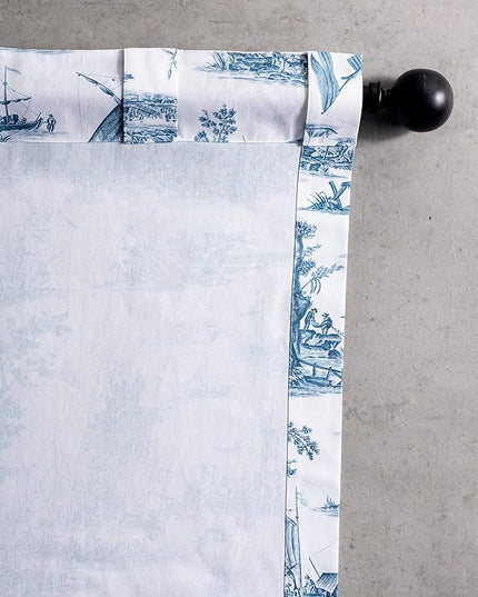 Maison d' Hermine Curtains for Living Room 100% Cotton 124 inch Length One Panel Light Filtering Toile Curtains for Bedroom with Rod and Loop Pockets (Calais Blue (White Background), 50" W x 124" L)