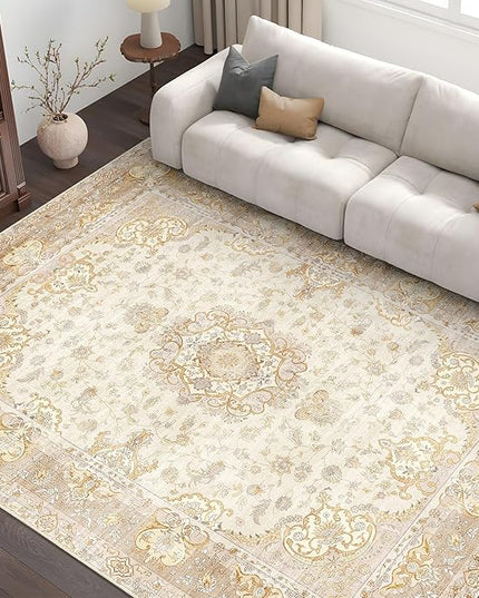Beige Rug 6'x9' Area Rugs,Boho Washable Rug for Living Room Bedroom Dining Room,Large Vintage Bohemian Distressed Oriental Carpet Non Slip,Retro Gold Floral