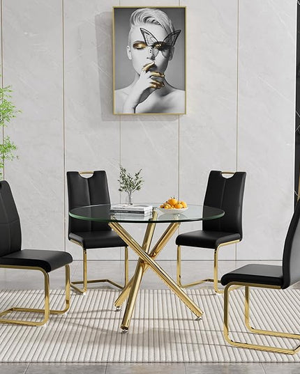 HomVent Round Glass Dining Table Set for 4, 5-Piece Modern Kitchen Table Set with 4 PU Upholstered Chair for Kitchen Dining Room, Glass Dining Room Table Set