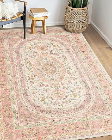 Pink Rug 3x5,Boho Washable Area Rugs for Bedroom Living Room Kitchen Entryway,Small Vintage Distressed Farmhouse Non Slip Carpet,Blush Floral