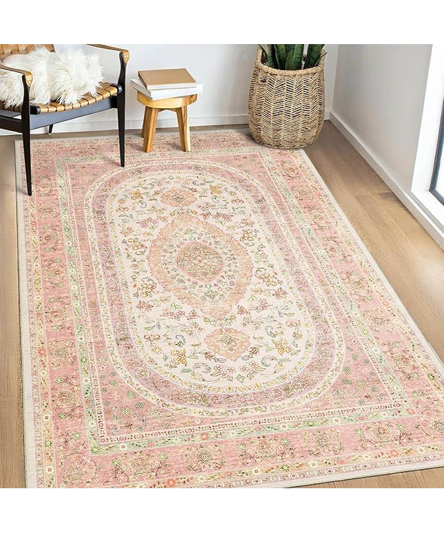 Pink Rug 3x5,Boho Washable Area Rugs for Bedroom Living Room Kitchen Entryway,Small Vintage Distressed Farmhouse Non Slip Carpet,Blush Floral