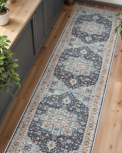 Washable Oriental Hallway Runner Rug - 3x10 Rugs for Living Room Soft Carpet for Bedroom Kitchen Waterproof Floral Distressed Indoor Stain Resistant Non-Shedding Floor Carpets (Blue/Teal/Orange, 3X10)