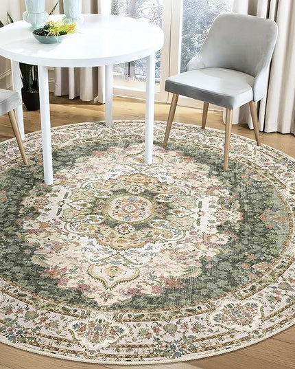 Green Round Rug 5ft, Circle Boho Area Rugs for Bedroom Living Room,Washable Vintage Bohemian Distressed Oriental Carpet Non Slip,Sage Floral