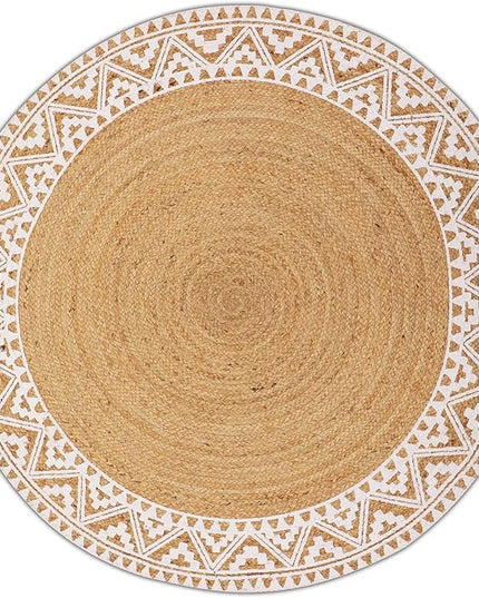 voyzz home Premium Natural Jute Braided Area Rug, 3-feet Round, White Printed Border, Stain Resistance, Natural Handmade Rug for Entryways, Living Room, Dining Room, Bedroom, Farmhouse, Kitchen