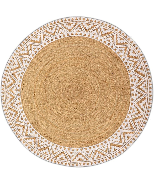 voyzz home Premium Natural Jute Braided Area Rug, 6-feet Round, White Printed Border, Stain Resistance, Natural Handmade Rug for Entryways, Living Room, Dining Room, Bedroom, Farmhouse, Kitchen