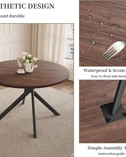 45.3'' Walnut Round Dining Table Set for 4, Mid Century Modern Small Coffee Set for Dining Room Kitchen Apartment (Dark Walnut Table + 4 Black Chairs)