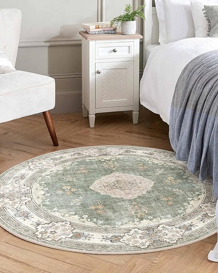 MUJOO Green Round Rug 4ft,Circle Washable Area Rugs for Bedroom Living Room Bathroom,Boho Small Non Slip Circular Carpet,Sage Floral