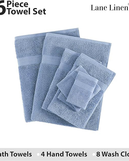 LANE LINEN 100% Cotton Premium Bathroom Towels Set - 16 Pieces - Ring Spun, Quick Dry, Super Soft & Highly Absorbent - 4 Bath, 8 Washcloths, 4 Hand Towels for Bathroom - Pre Shrunk - Cerulean Blue