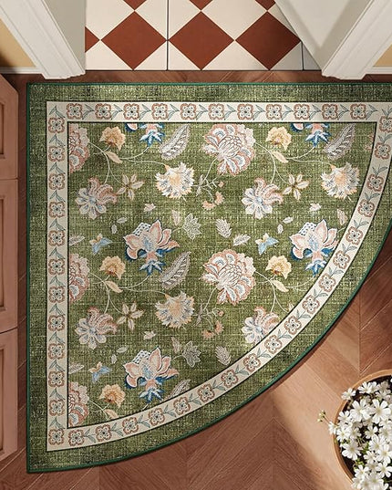 jinchan Elora Floral Corner Rug for Entryway Washable Rug Vintage Romance Christmas Design Non Slip Quarter Circle Lightweight Low-Pile Throw Carpet for Playroom Reading Nook, 4ft Radius, Green