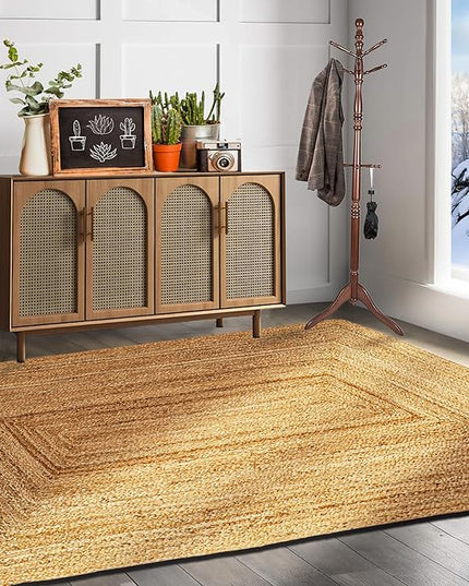 Hand Woven Jute Area Rug - 4' x 6' Feet - Rustic Beige Reversible Rectangular Rugs for Bedroom, Kitchen, Living Room - Vintage Natural Braided Entry Floor Décor Boho Jute 4 x 6 Area Rug