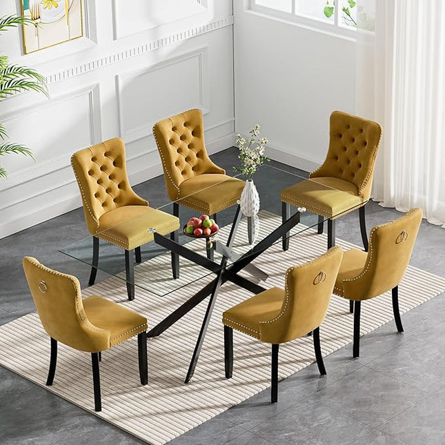 HomVent 7 Piece Rectangular Glass Dining Table Set, Tempered Glass Dinner Table Set for 6 Kitchen Table Set with 6 Velvet Upholstered Chairs for Kitchen Dining Room