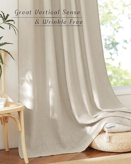 NICETOWN Linen Curtains for Living Room 2 Panels 95 inch Length Rod Pocket Back Tab Semi Sheer Drapes Light Filtering Privacy Farmhouse Curtain for Bedroom/Office, 52" W x 95" L, Taupe