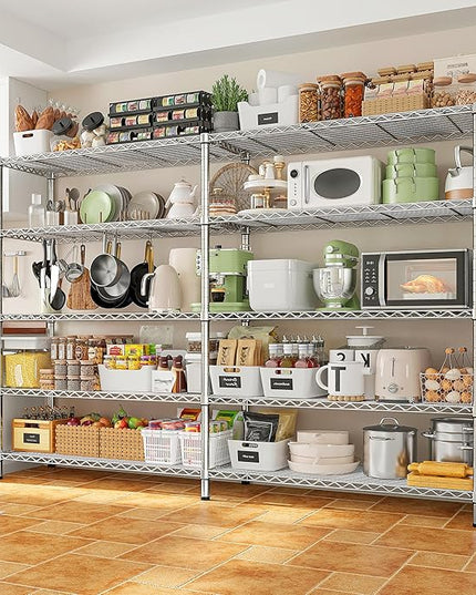 REIBII 69.8" W Storage Shelves 1510LBS Wire Shelving Unit 5 Tier Metal Shelving for Storage Rack Shelves Adjustable Heavy Duty Garage Shelf Pantry Shelves Kitchen Shelving,69.8"Wx15.8"Dx72.4"H,Chrome