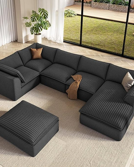 Vesgantti 141.7" Oversized Sectional Boneless Couch, 7 Seater Modular Sofa with Chaise & Ottoman & Armrest, Deep Seat Plush Corduroy Cloud Couch for Living Room, No Assembly Required, Dark Gray