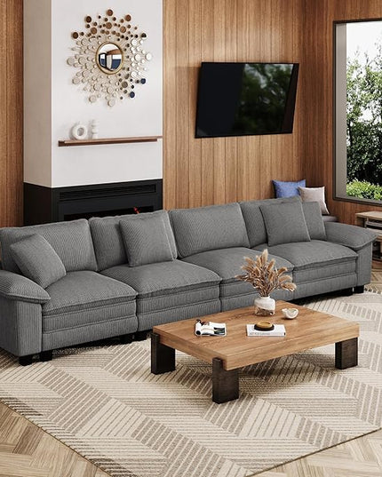 157.5" Cloud Modular Sectional Sofa, 4-Seater w/Deep Seat & Removable Arms, Plush Corduroy for Living Room - Gray