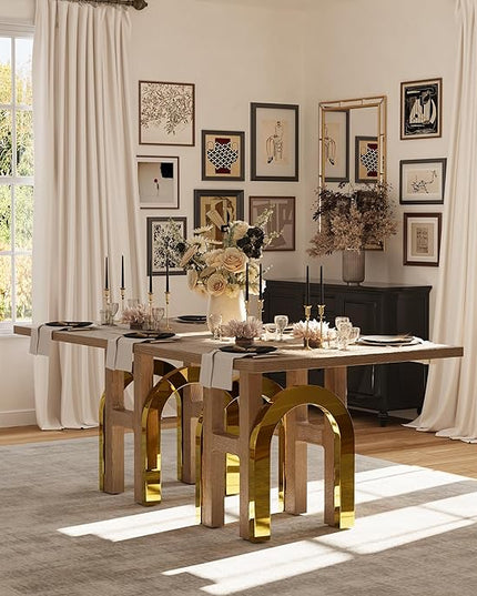 78 inch Rectangular Solid Wood Dining Table for 6-8, Luxury Farmhouse Rustic Dining Table with Light Brown Wood Top and UH-Shaped Mirrored Gold Pedestal, for Dining Room, Kitchen