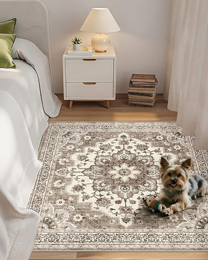 4x4 Washable Entry Rug - Area Rugs for Kitchen Bedroom Bedside Bathroom Entryway Non Slip with Rubber Backing Low Pile Ultra Soft Stain Resistant Small Carpet (Beige, 4x4)