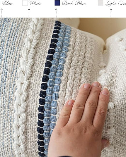 BlissBlush Coastal Blue Boho Decorative Throw Pillow Cover 20x20 Modern Bohemian Accent Pillow Case Square Woven Textured Farmhouse Pillows for Couch Bed (Pack of 1)