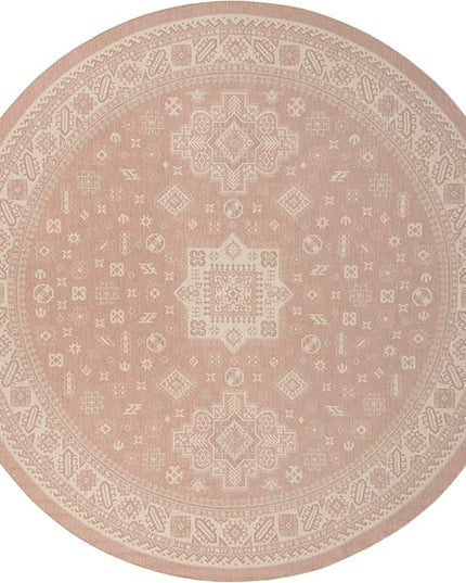 Rugs.com Outdoor Aztec Collection Rug – 13 Ft Round Pink Flatweave-Pile Rug Perfect for Kitchens, Dining Rooms