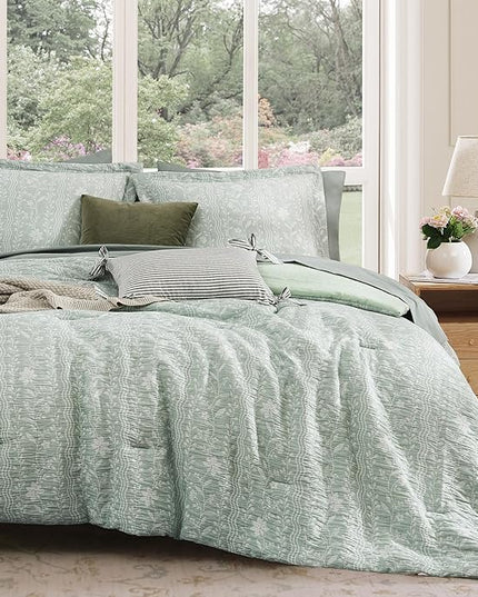 King Comforter Set -7 Pieces Green Floral Comforter Set for All Seasons, Bed in a Bag King with Botanical Flowers Comforter, Sheets, Pillowcases & Shams