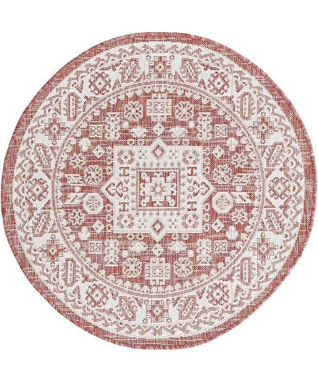 Rugs.com Outdoor Aztec Collection Rug – 3 Ft Round Rust Red Flatweave Rug Perfect for Kitchens, Dining Rooms