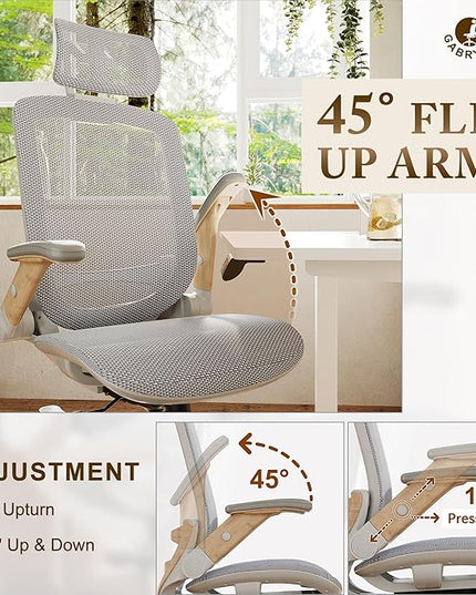 GABRYLLY Ergonomic Office Chair, High Back Home Desk Chair with Flip-Up Arms, Headrest, 90-120° Tilt and Wide Cushion, 400LBS White Mesh Chair for Work Gaming Study (GY01-NT, Woodgrain Pattern)