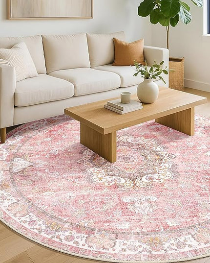 Pink Round Rug 6ft,Large Circle Area Rugs for Living Room Bedroom Dining Room,Washable Boho Vintage Bohemian Distressed Oriental Floral Carpet Non Slip,Blush Floral Flowers