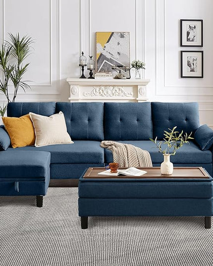 Convertible Sectional Sofa, Modern L Shaped Couch,Linen Fabric 4-Seat Sofa Set with Storage Ottoman and Coffee Table for Living Room,Blue