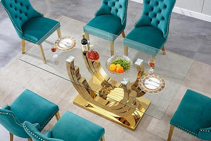 70" Large Glass Dining Table,Modern Rectangular Dining Room Table with 0.39" Tempered Glass Top & Gold Finish Stainless Steel Legs, Modern Clear Kitchen Table for Home Office