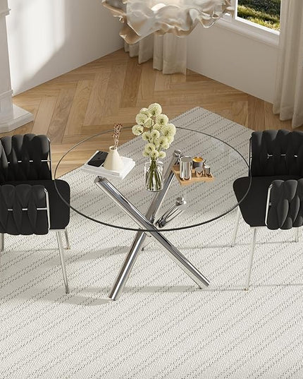 Modern Luxury Round Glass Dining Table Set for 2, 36'' Clear Circle Glass Top Kitchen Set, 3 PCS Small Minimalist Circular Dinner Room Set, Black Woven Chair, for Breakfast Nook (Silver)