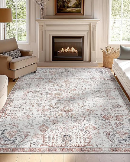 jinchan Kalen Area Rug 9x12 Washable Living Room Rug Vintage Indoor Large Floor Cover Retro Accent Mat Distressed Floral Country Boho Non Slip Thin Carpet for Bedroom Dining Room Office Red Multi