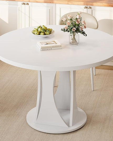 Round Dining Table for 4-6, Kitchen Table with Sturdy Double Arc & Rounded Base & Backboard Clasp Desktop, Mid-Century Modern Circle Dinner Table for Dining Living Room, Space Saving, White