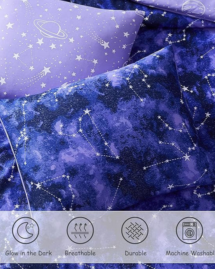 Full Size Comforter Set -7 Pieces Girls Boys Galaxy Glow in The Dark Full Bedding Sets for Kids, Ultra Soft Bed in A Bag with Sheets