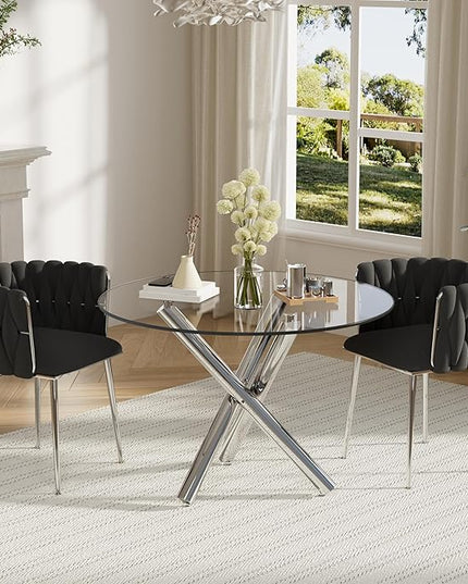 Modern Luxury Round Glass Dining Table Set for 2, 36'' Clear Circle Glass Top Kitchen Set, 3 PCS Small Minimalist Circular Dinner Room Set, Black Woven Chair, for Breakfast Nook (Silver)