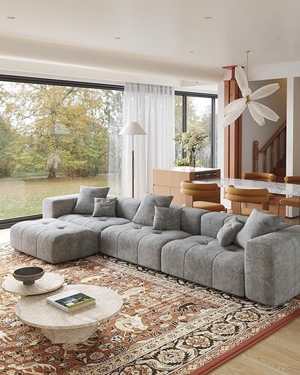 JACH 144.1 Inch L-Shaped Modular Sofas, Modern 3-Seater Couch with Chaise Ottoman, Mid Century Modern Sectional Couches, Cozy Sleeper Sofa for Apartment/Living Room (Linen Fabric, Grey)