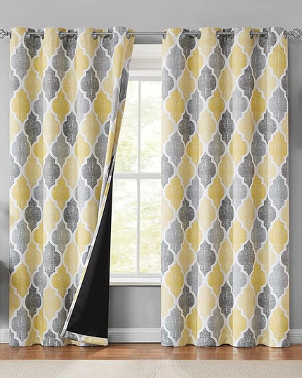 Beauoop 100% Blackout Curtains 108 Inches Long 2 Panels for Bedroom Living Room Yellow Grey Moroccan Geo Room Darkening Thermal Insulated Soundproof Grommet Top Window Treatments Drapes, 50x108x2