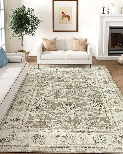 jinchan Fiora Washable Area Rug 8x10 for Living Room - Soft Faux Wool Ultra-Thin Stain Resistant Non-Slip Distressed Vintage Floral Large Carpet for Bedroom, Home Office, Nursery(Taupe, 8'x10')