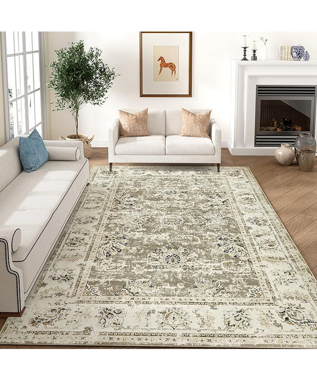 jinchan Fiora Washable Area Rug 8x10 for Living Room - Soft Faux Wool Ultra-Thin Stain Resistant Non-Slip Distressed Vintage Floral Large Carpet for Bedroom, Home Office, Nursery(Taupe, 8'x10')
