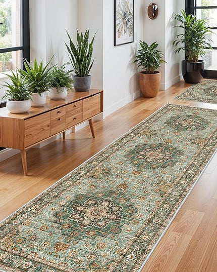Washable Oriental Hallway Runner Rug - 3x10 Rugs for Living Room Soft Carpet for Bedroom Kitchen Waterproof Floral Distressed Indoor Stain Resistant Non-Shedding Floor Carpets (Green, 3X10)