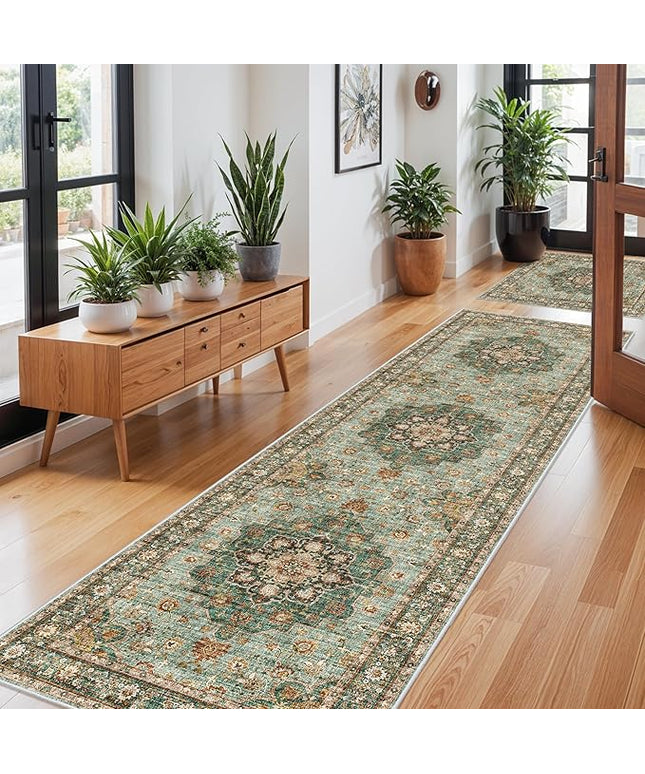 Washable Oriental Hallway Runner Rug - 3x10 Rugs for Living Room Soft Carpet for Bedroom Kitchen Waterproof Floral Distressed Indoor Stain Resistant Non-Shedding Floor Carpets (Green, 3X10)