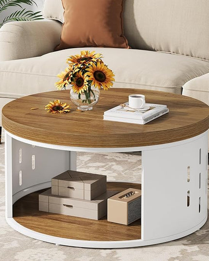 Round Coffee Table, 2-Tier Coffee Table with Open Storage Shelf, Wood Top and White Metal Frame, Modern Living Room Center Table, Light Brown