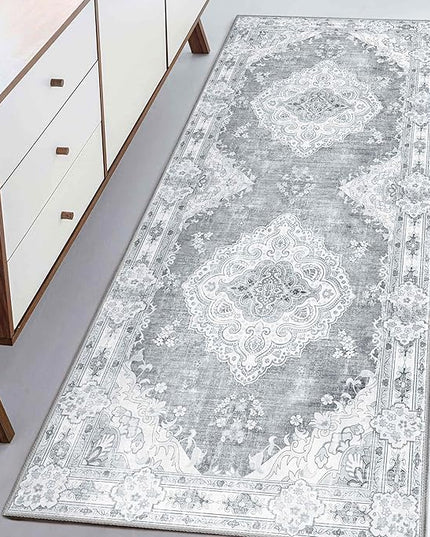 MUJOO Grey Runner Rug 2'x6', Long Washable Rug Runners for Hallways Entryway Kitchen Bathroom Bedside,Boho Vintage Bohemian Distressed Farmhouse Non Slip Carpet,Floral