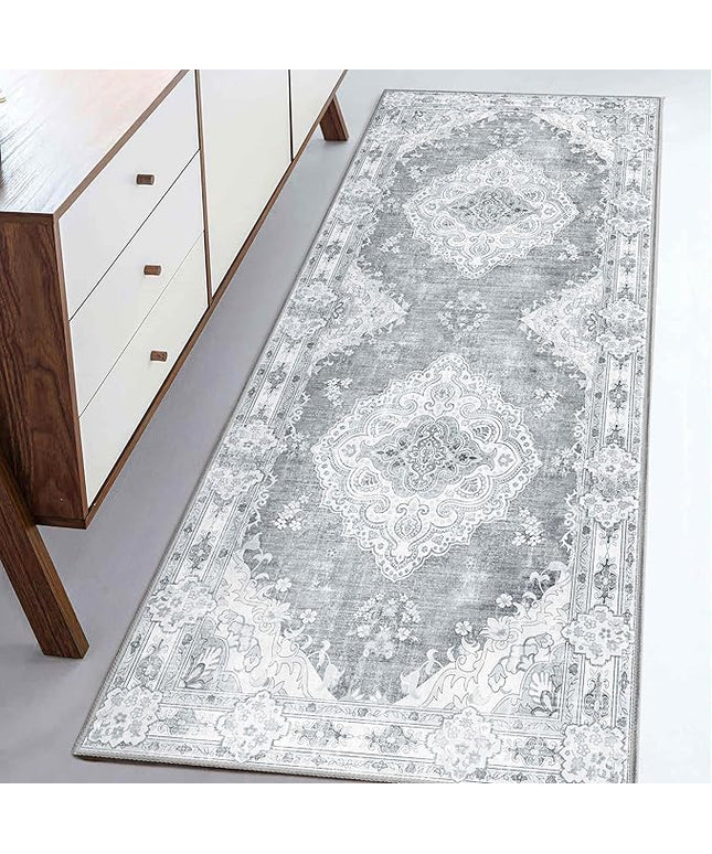 MUJOO Grey Runner Rug 2'x6', Long Washable Rug Runners for Hallways Entryway Kitchen Bathroom Bedside,Boho Vintage Bohemian Distressed Farmhouse Non Slip Carpet,Floral