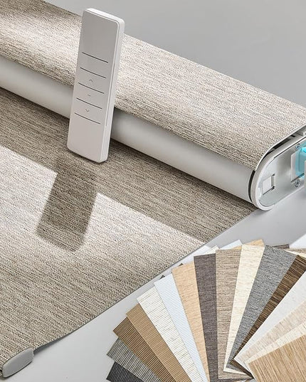 Persilux Smart Motorized Blinds with Remote, No Drill Automatic Roller Shades for Indoor Windows, Blackout Linen Fabric, Electric Blinds for Windows, Linen Light Brown C156BO-3, Custom Size