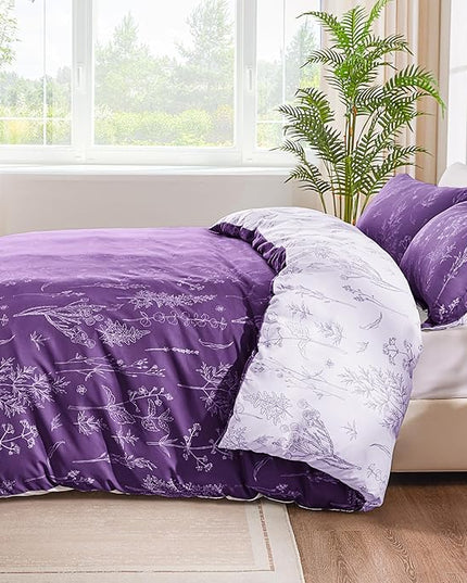 Love's cabin Dark Purple Full Comforter Set - Full Size Comforter Set, 3 Pieces Cute Floral Bedding Sets for All Seasons,1 Soft Reversible Botanical Flowers Comforter and 2 Pillow Shams